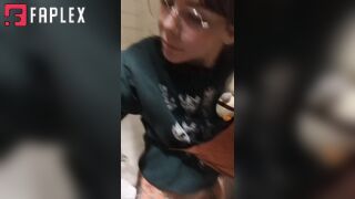 HAIRY PENELOPE - Hairy bush flashing and naughty peeing in a dirty public toilet stall