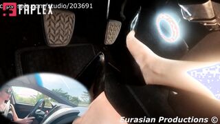 Driving in Style: Asian Woman Hard Pedal Pumping Toyota in High Heels