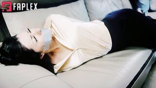 Peachy Keen Pleasures - Bondage Listing - Amethyst Mars - Realtor, Gold Blouse, Black Pants, Black Heels, Hand Over Mouth Capture, Tape Bondage, Duct Tape, Tape Gagged, Struggling
