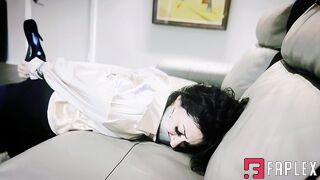 Peachy Keen Pleasures - Bondage Listing - Amethyst Mars - Realtor, Gold Blouse, Black Pants, Black Heels, Hand Over Mouth Capture, Tape Bondage, Duct Tape, Tape Gagged, Struggling